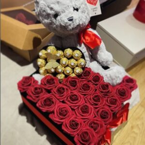 Red roses with teddy & Ferrero Rocher