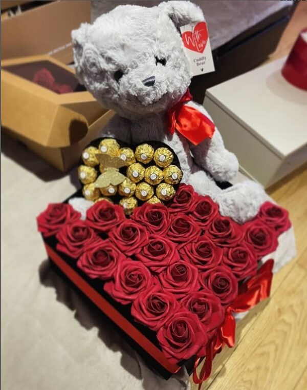 Red roses with teddy & Ferrero Rocher